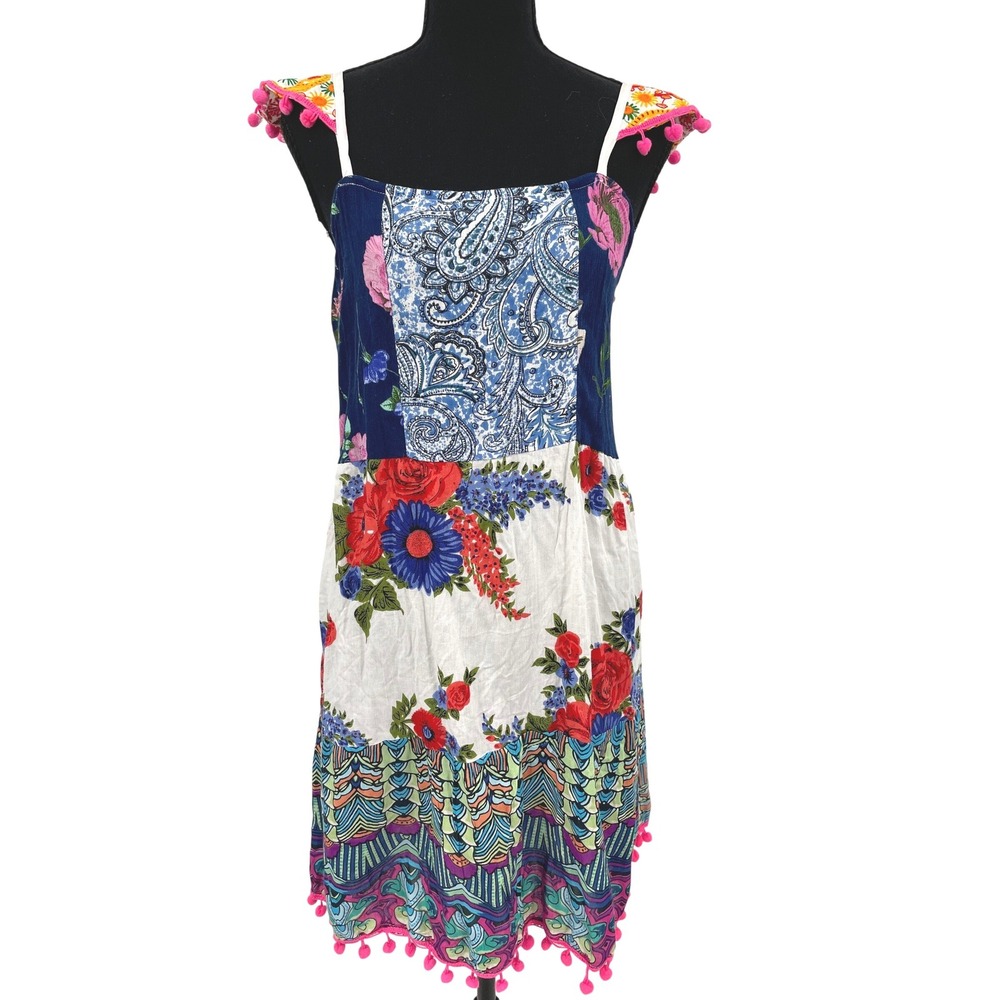 Boohoo Dress Womens 8 Multicolor Boho Floral Paisley Pom Pom Trim Festival NWT